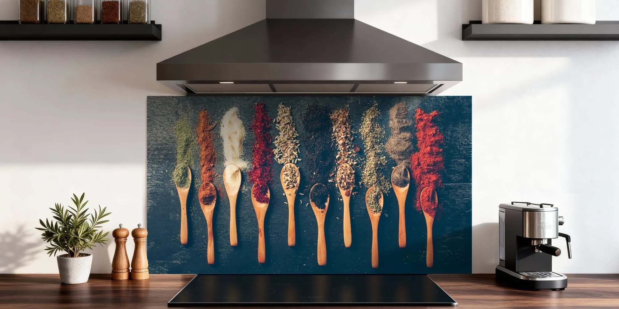 Spatscherm met een ontwerp op de keukenwand achter een kookplaat