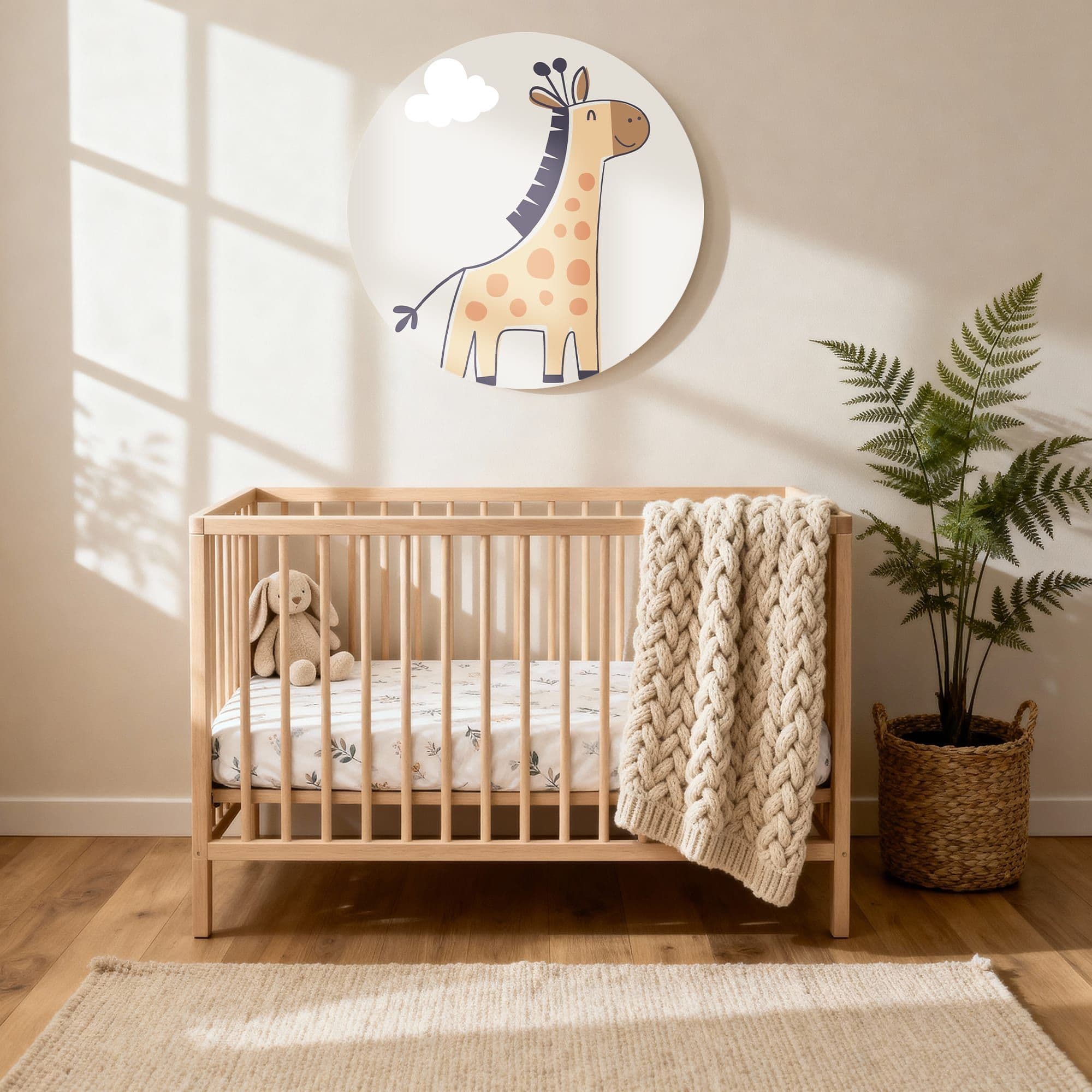 Giraffe Vriendje Muurcirkel, sfeer kinderkamer met ledikant