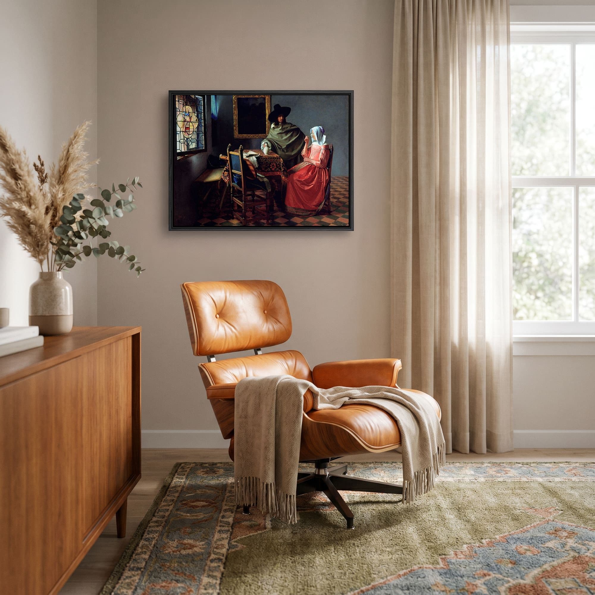 Het glas wijn - Johannes Vermeer Canvas schilderij, sfeer woonkamer