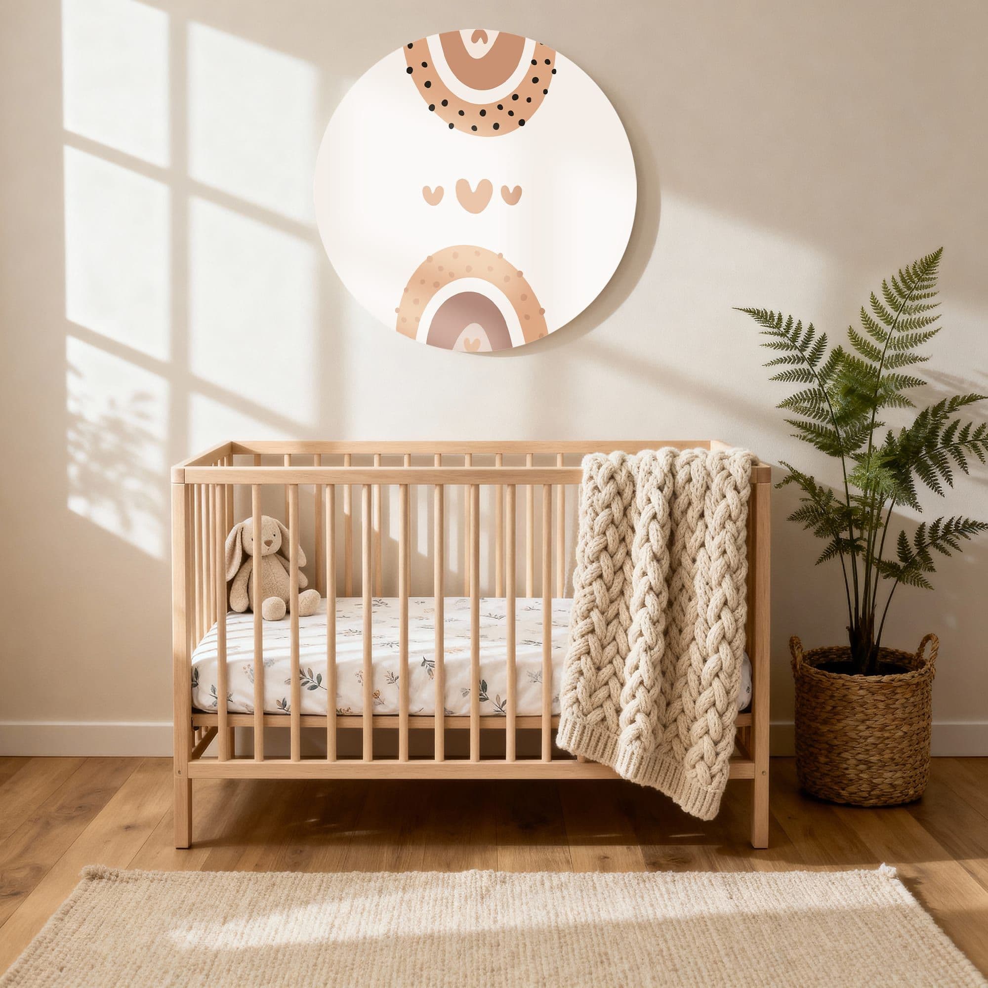 Boho Regenboog Terra Muurcirkel, sfeer kinderkamer met ledikant