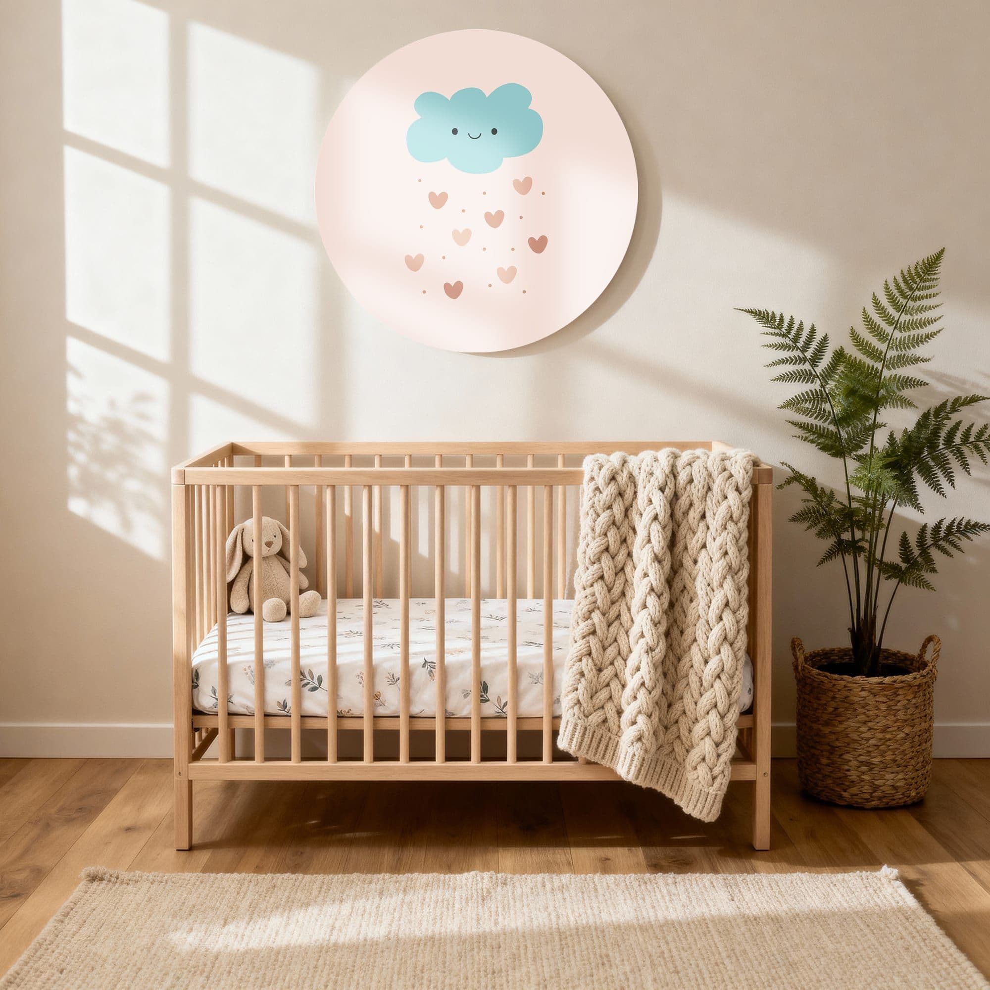 Cloud Heart Rain Muurcirkel, sfeer kinderkamer met ledikant