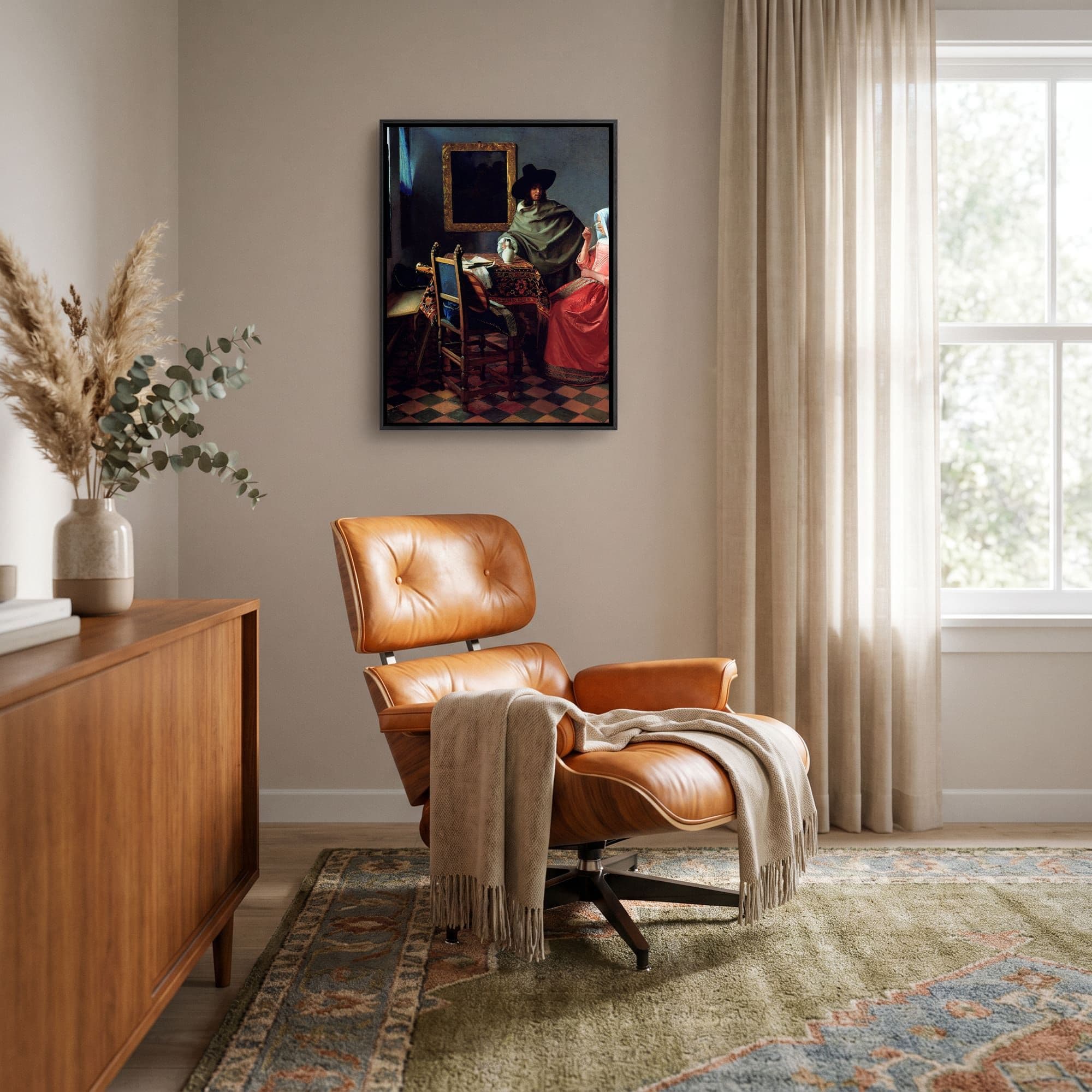 Het glas wijn - Johannes Vermeer Canvas schilderij, sfeer woonkamer