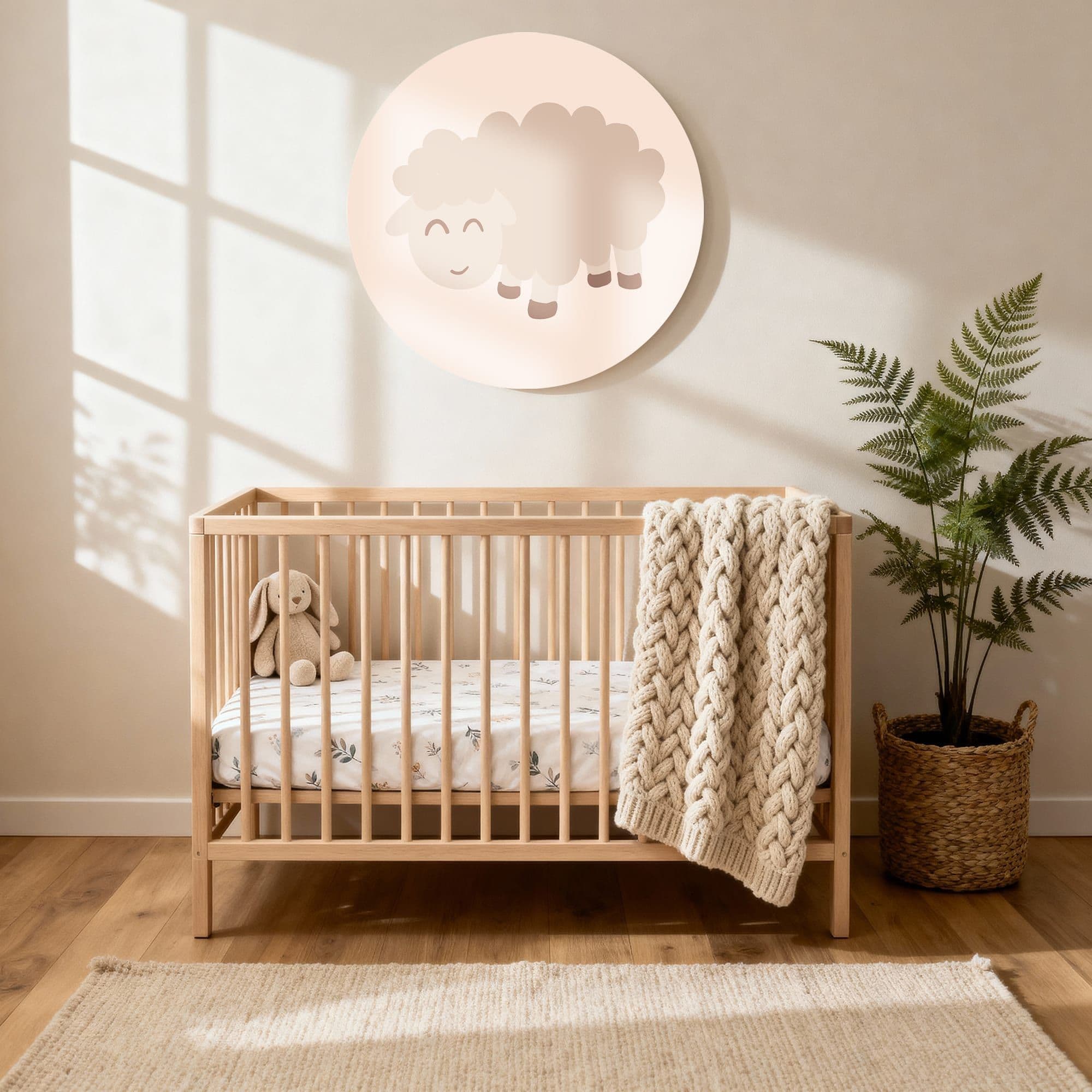 Cuddly Sheep Muurcirkel, sfeer kinderkamer met ledikant