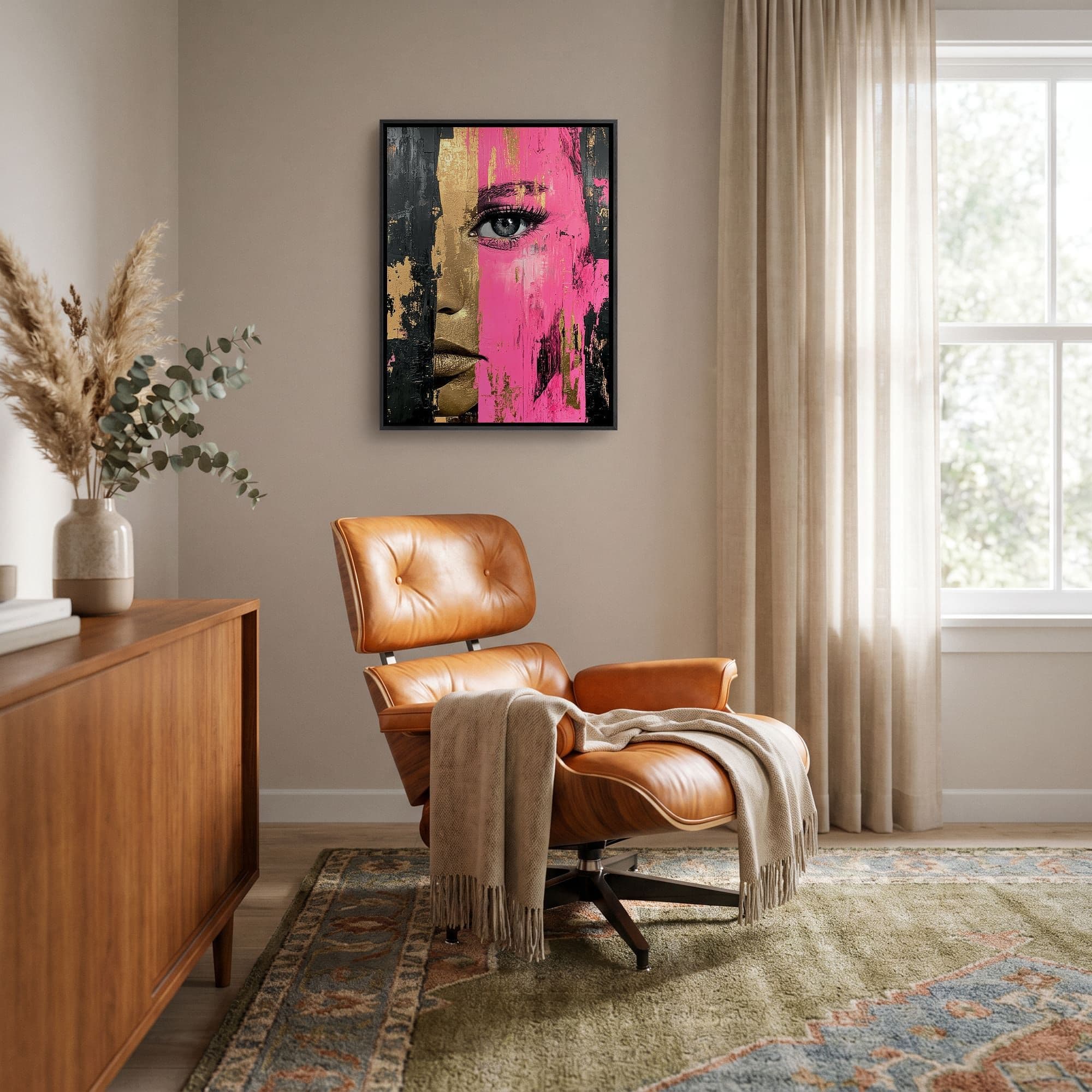 Pink Gold Portrait Canvas schilderij, sfeer woonkamer
