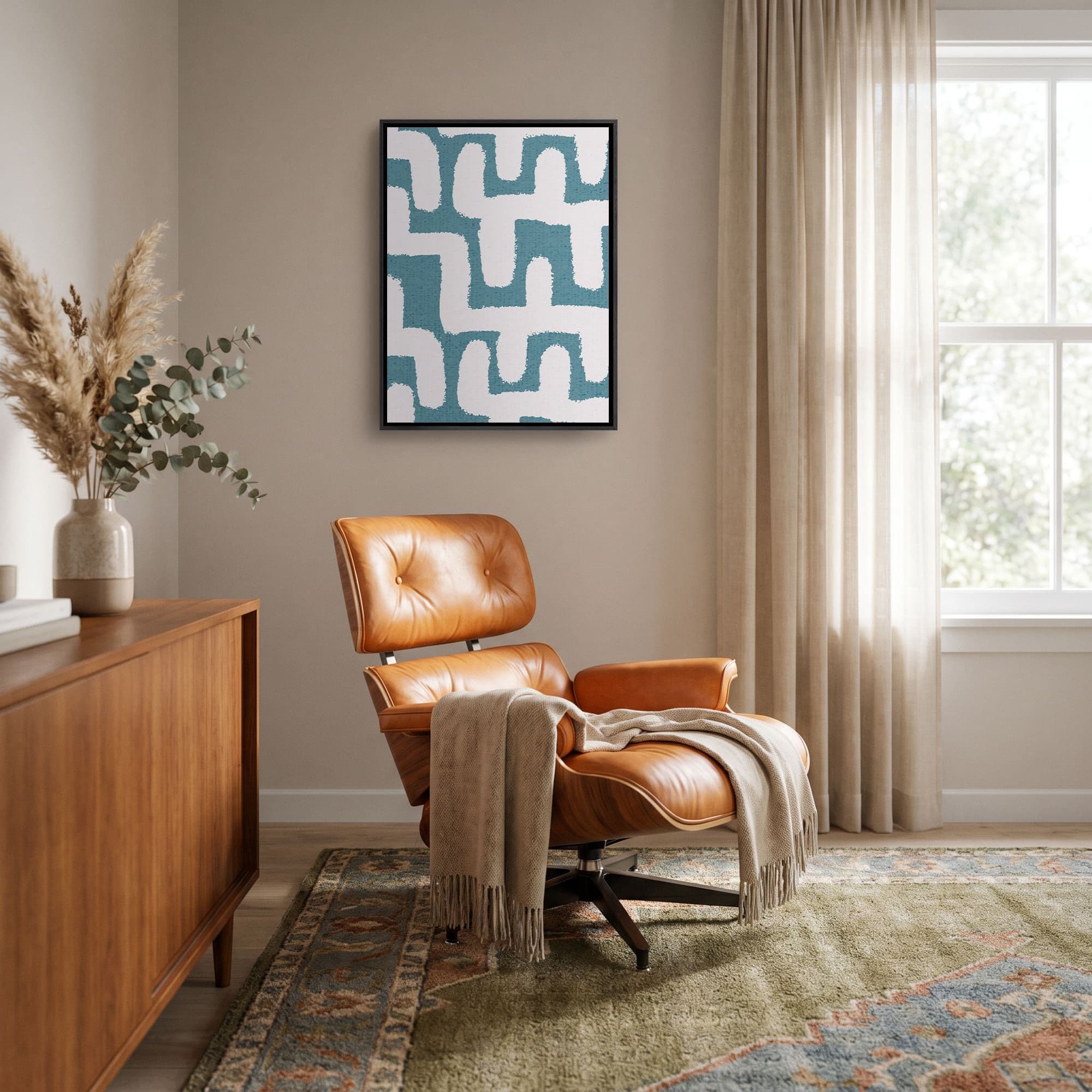 Japandi Maze Teal Canvas schilderij, sfeer woonkamer
