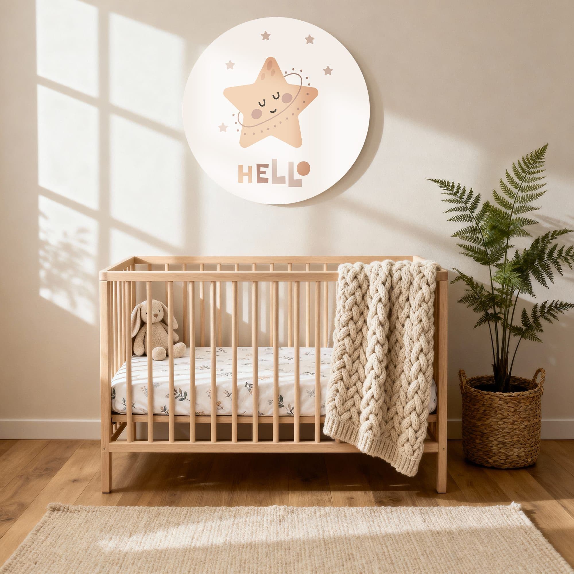 Slaperige Ster Hello Muurcirkel, sfeer kinderkamer met ledikant