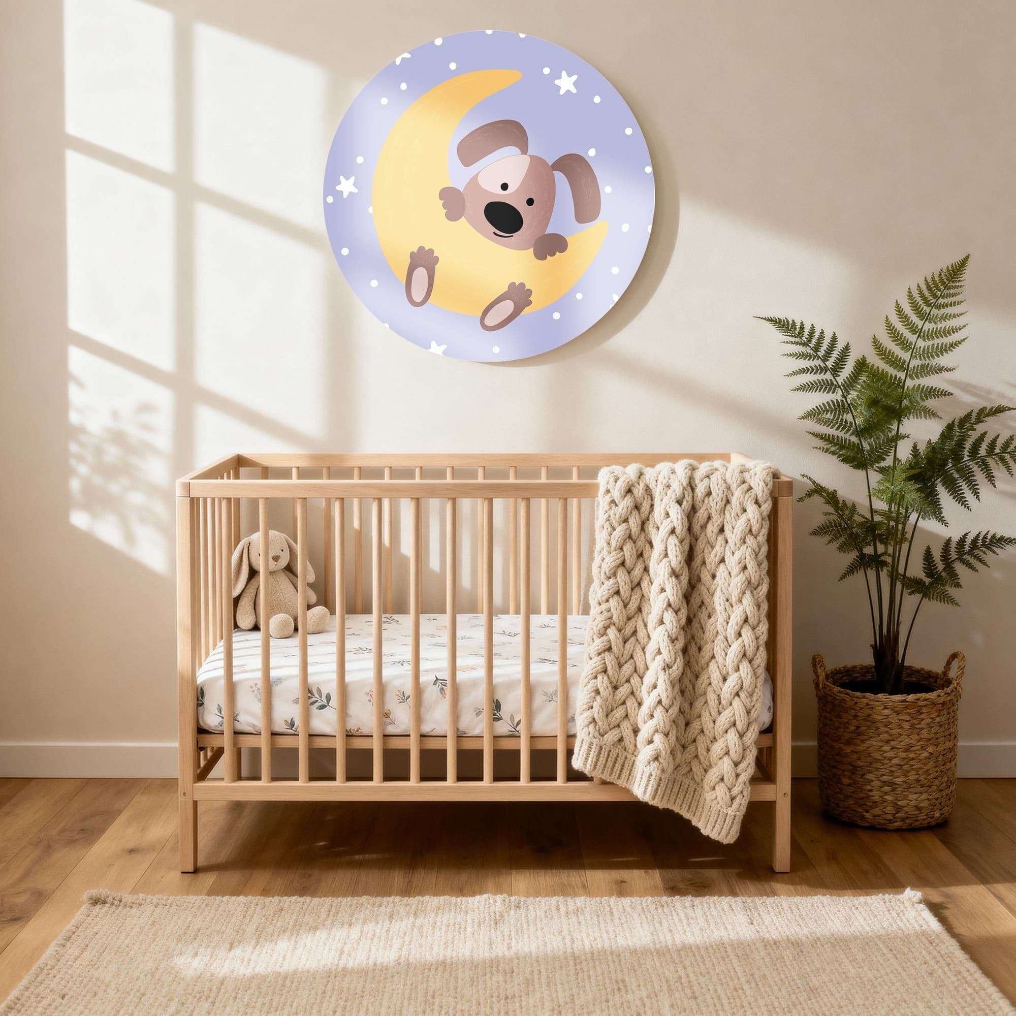 Puppy Maanlicht Muurcirkel, sfeer kinderkamer met ledikant