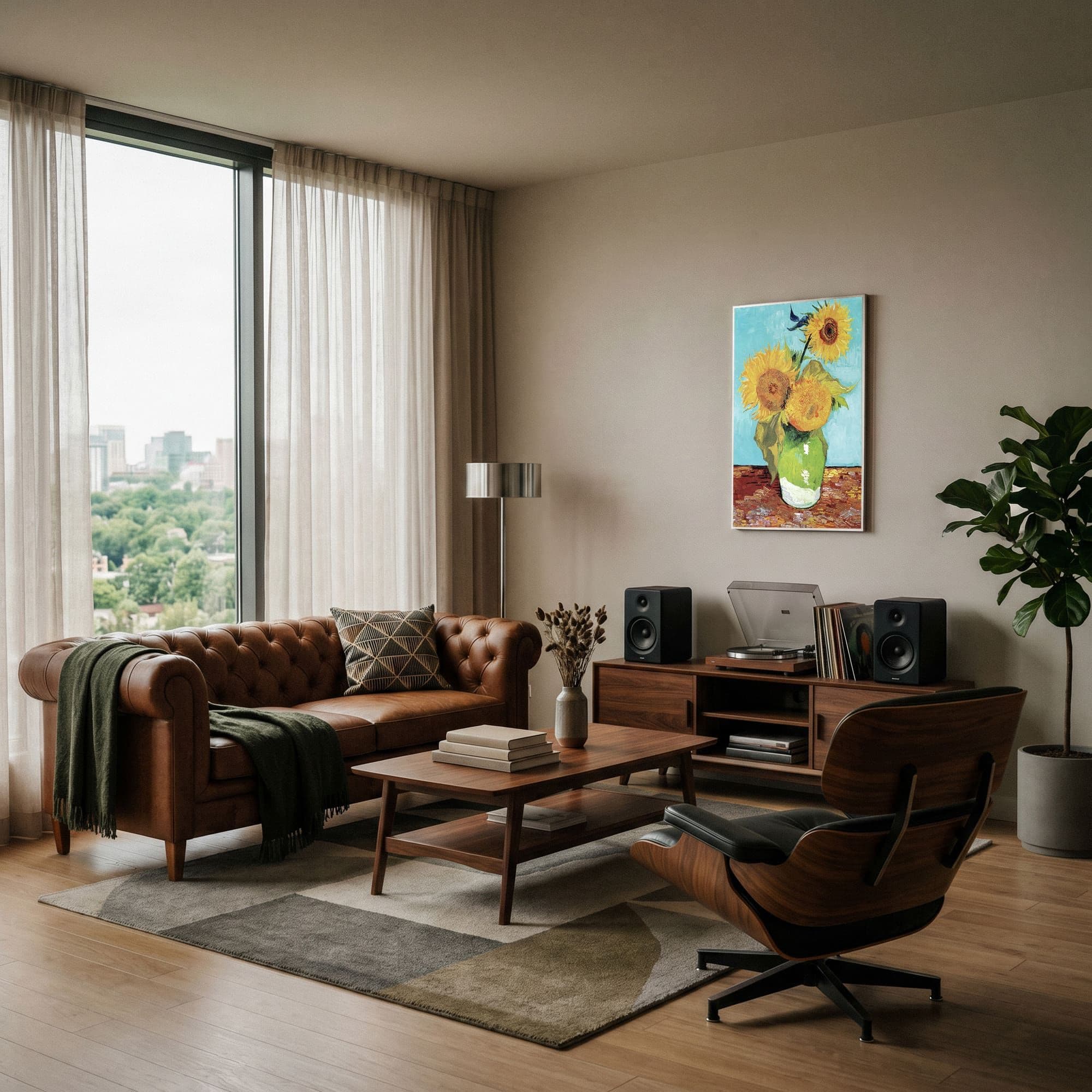 Vaas met drie zonnebloemen - Vincent van Gogh, sfeer woonkamer