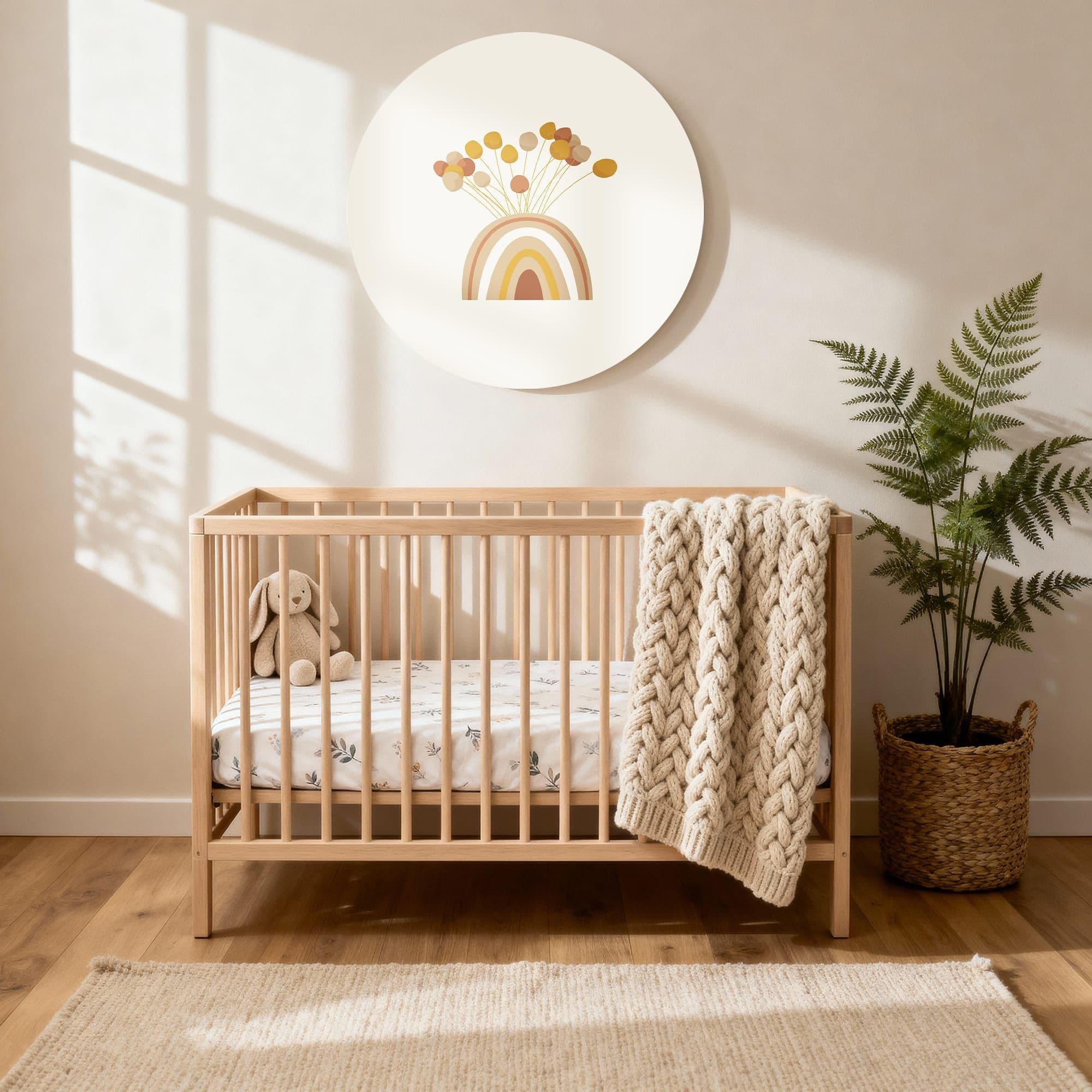 Boho Regenboog Bloom Muurcirkel, sfeer kinderkamer met ledikant