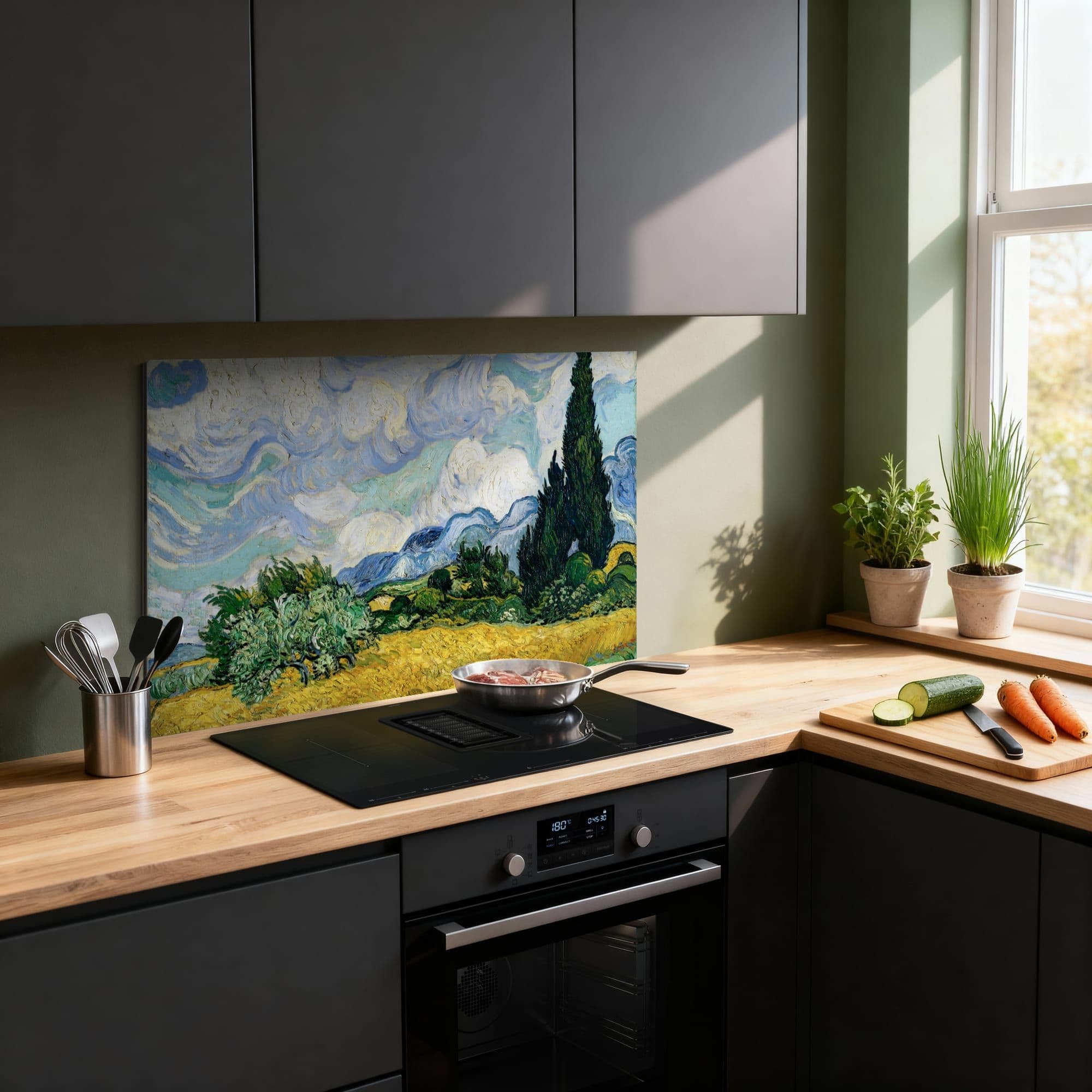Korenveld met cipressen - Vincent van Gogh Spatscherm, sfeer modern