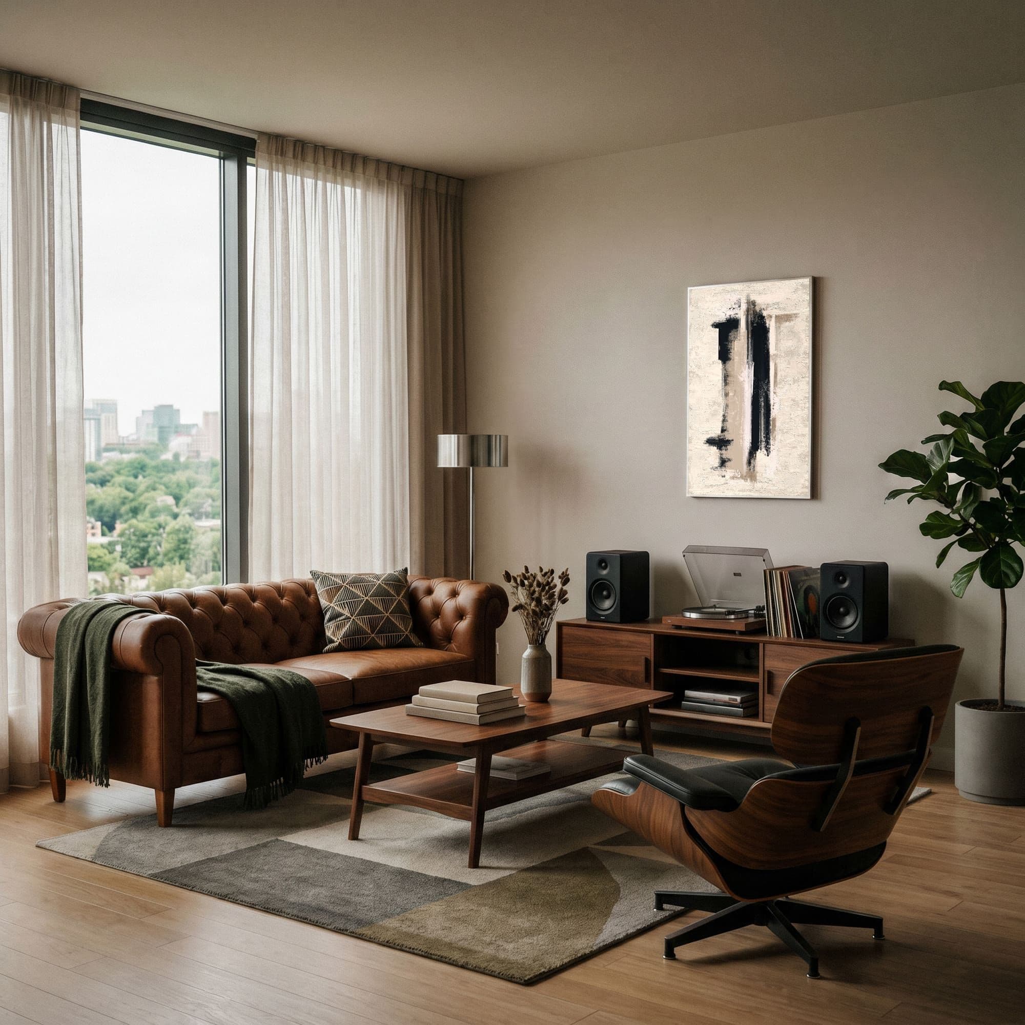 Abstract Zwart Beige Muurcirkel, sfeer woonkamer