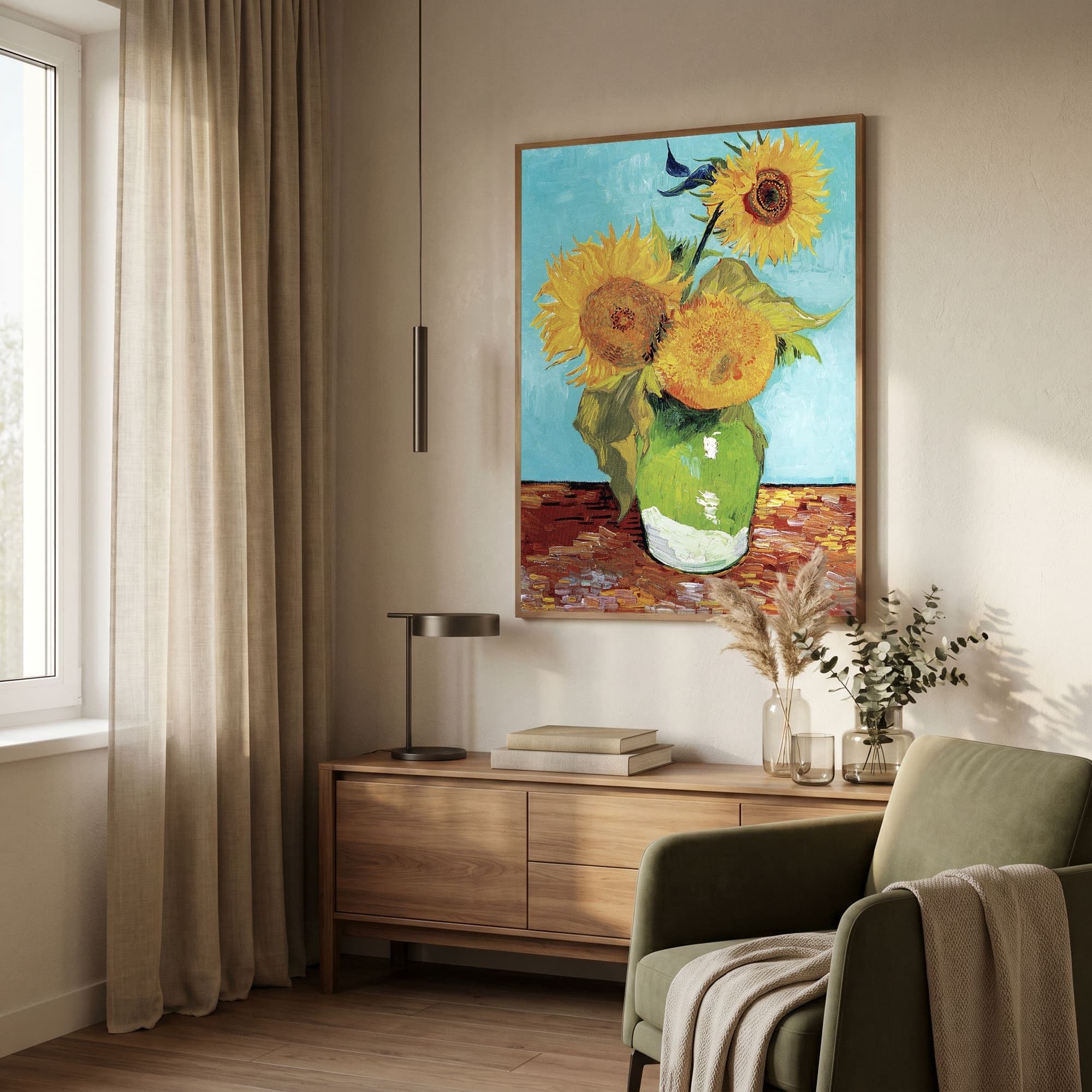 Vaas met drie zonnebloemen - Vincent van Gogh, sfeer woonkamer