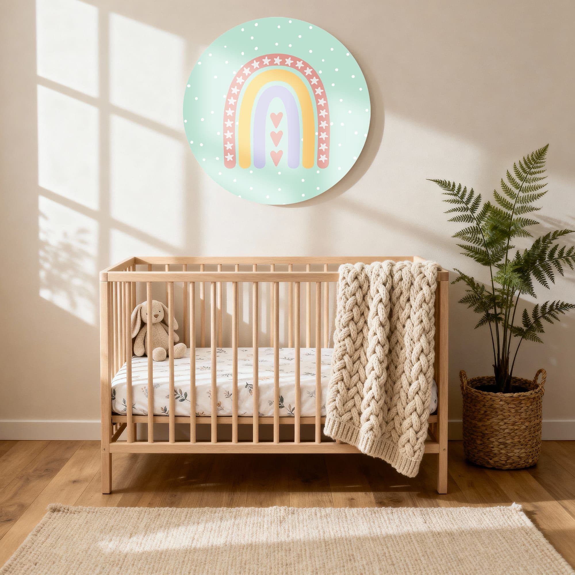 Regenboog Sterrendroom Muurcirkel, sfeer kinderkamer met ledikant