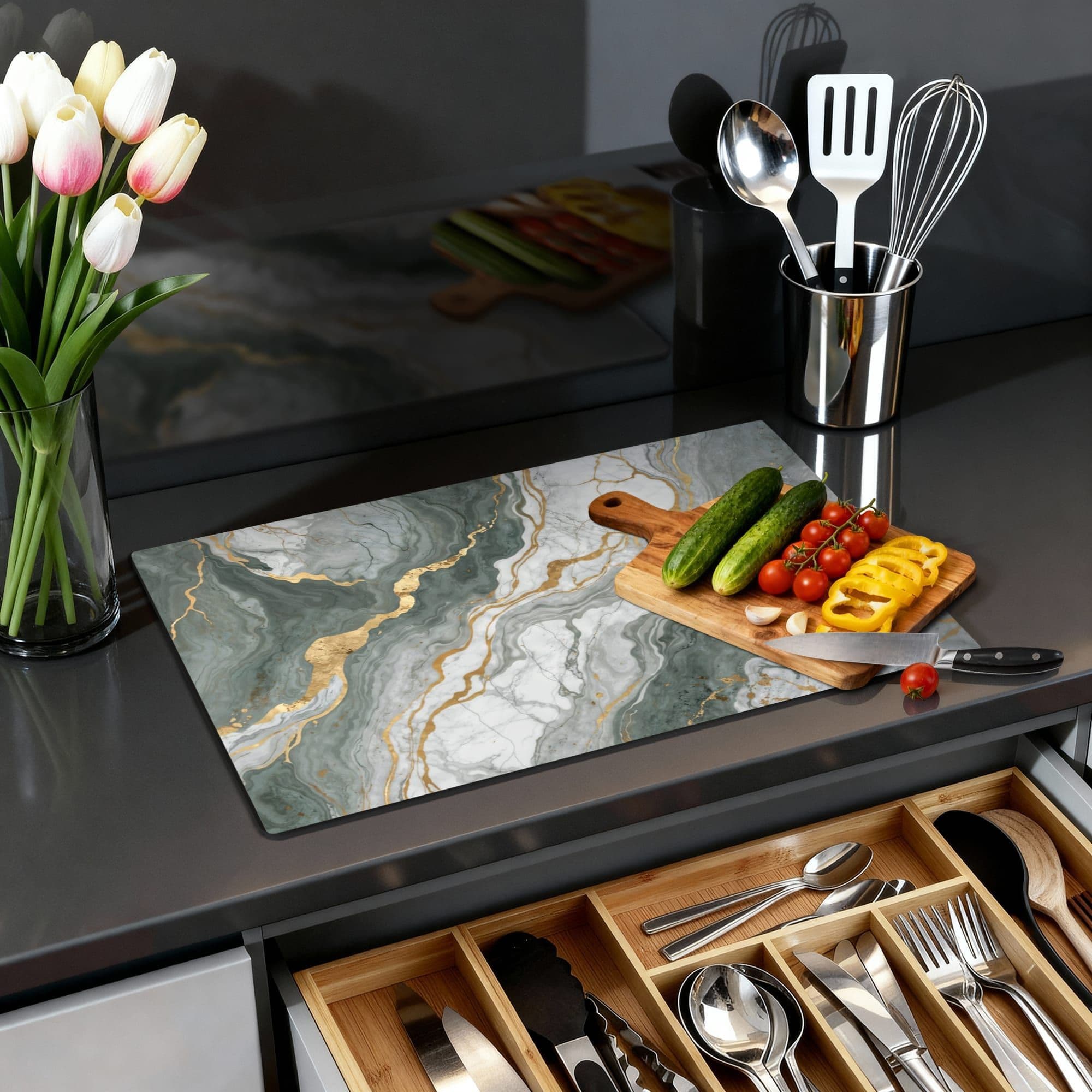 Luxurious Marble Green Inductiebeschermer, sfeer detail