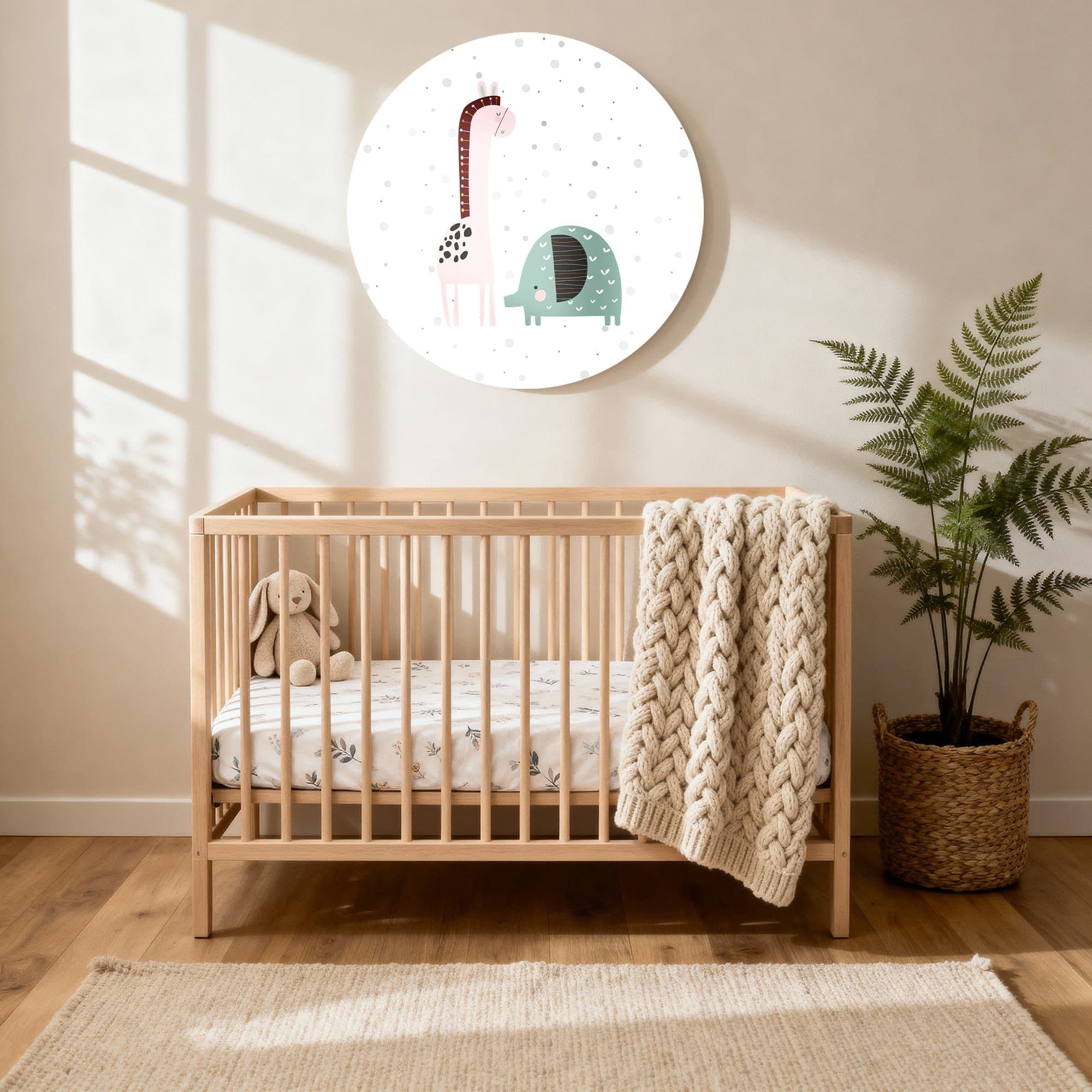 Giraffe & Olifant Vriendjes Muurcirkel, sfeer kinderkamer met ledikant
