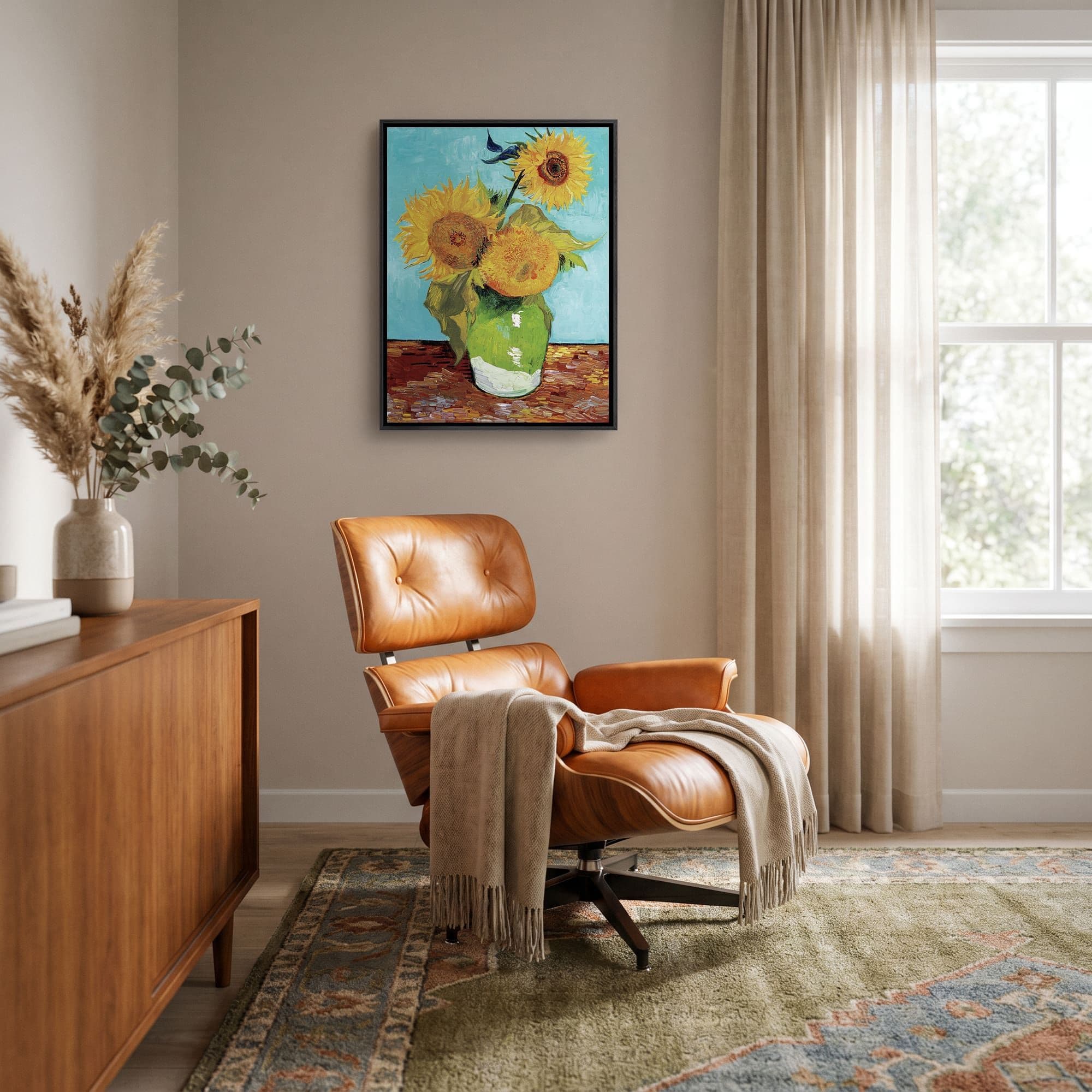 Vaas met drie zonnebloemen - Vincent van Gogh Canvas schilderij, sfeer woonkamer