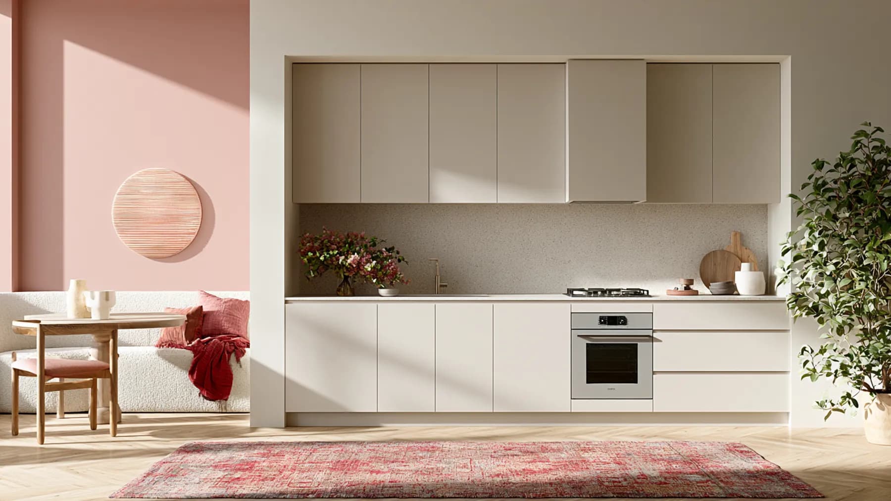 Rustige keuken met zachte tinten, een muurcirkel bij de eethoek en designdetails