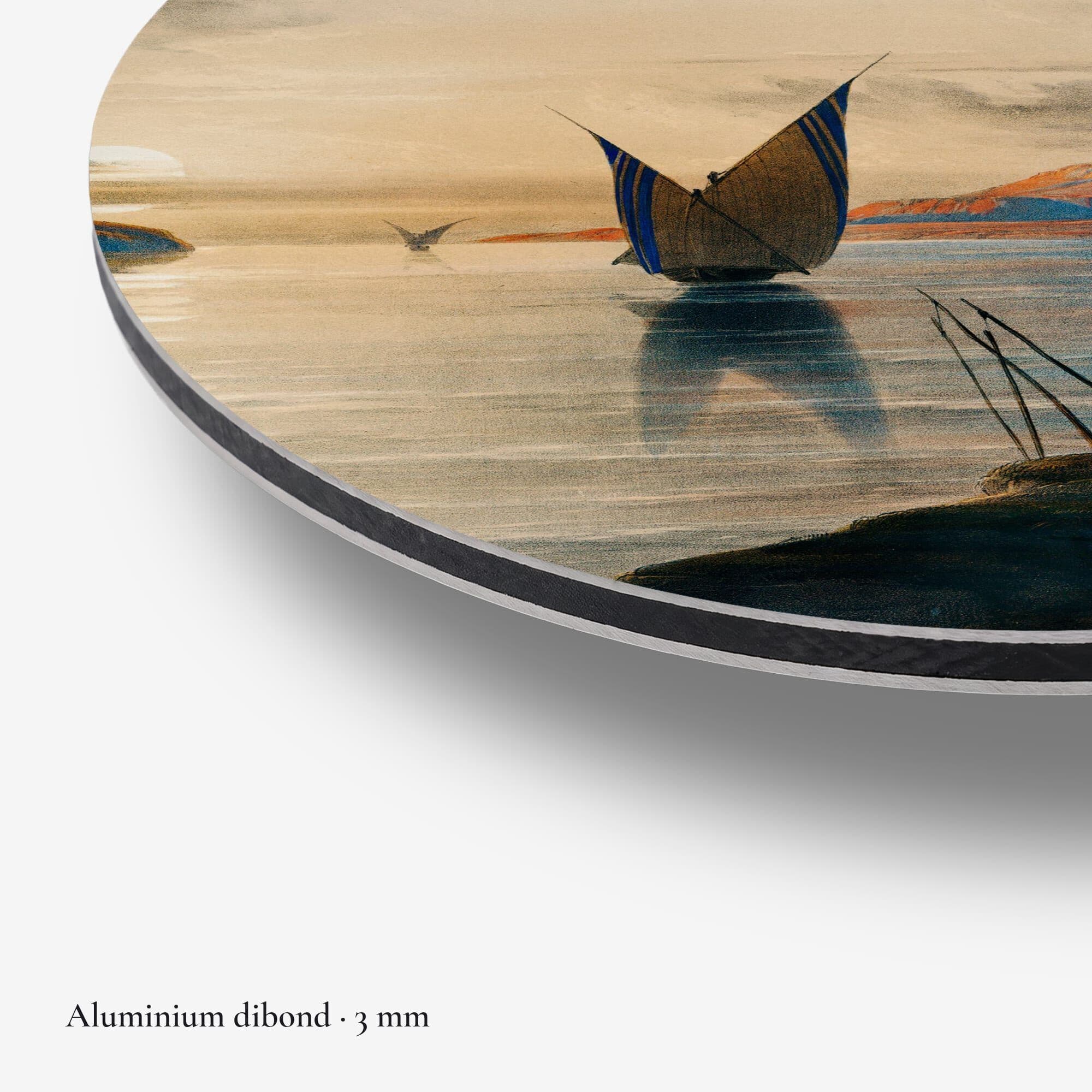 Nile Sunset Voyage Muurcirkel, detail rand dibond