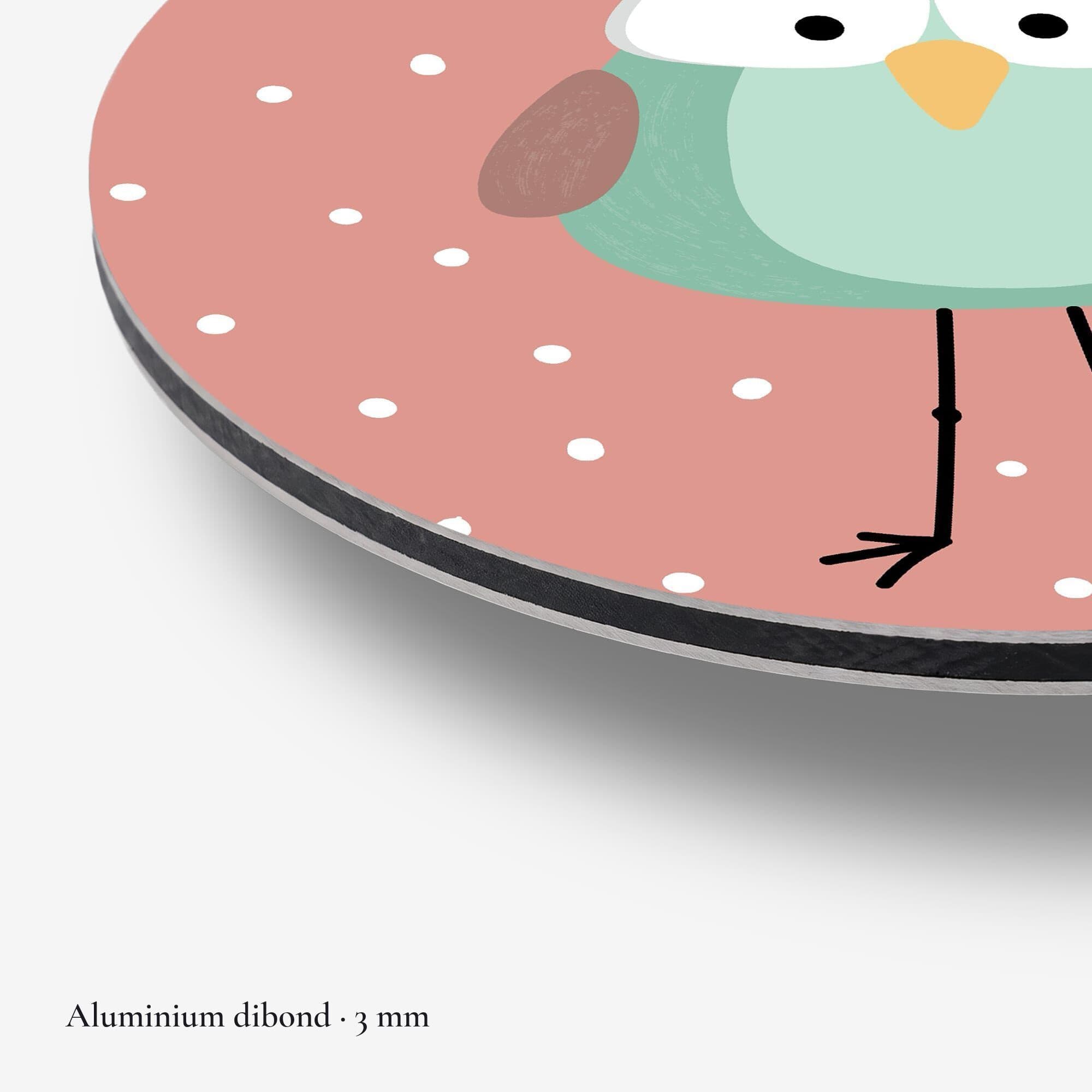 Grappig Vogeltje Roze Muurcirkel, detail rand dibond