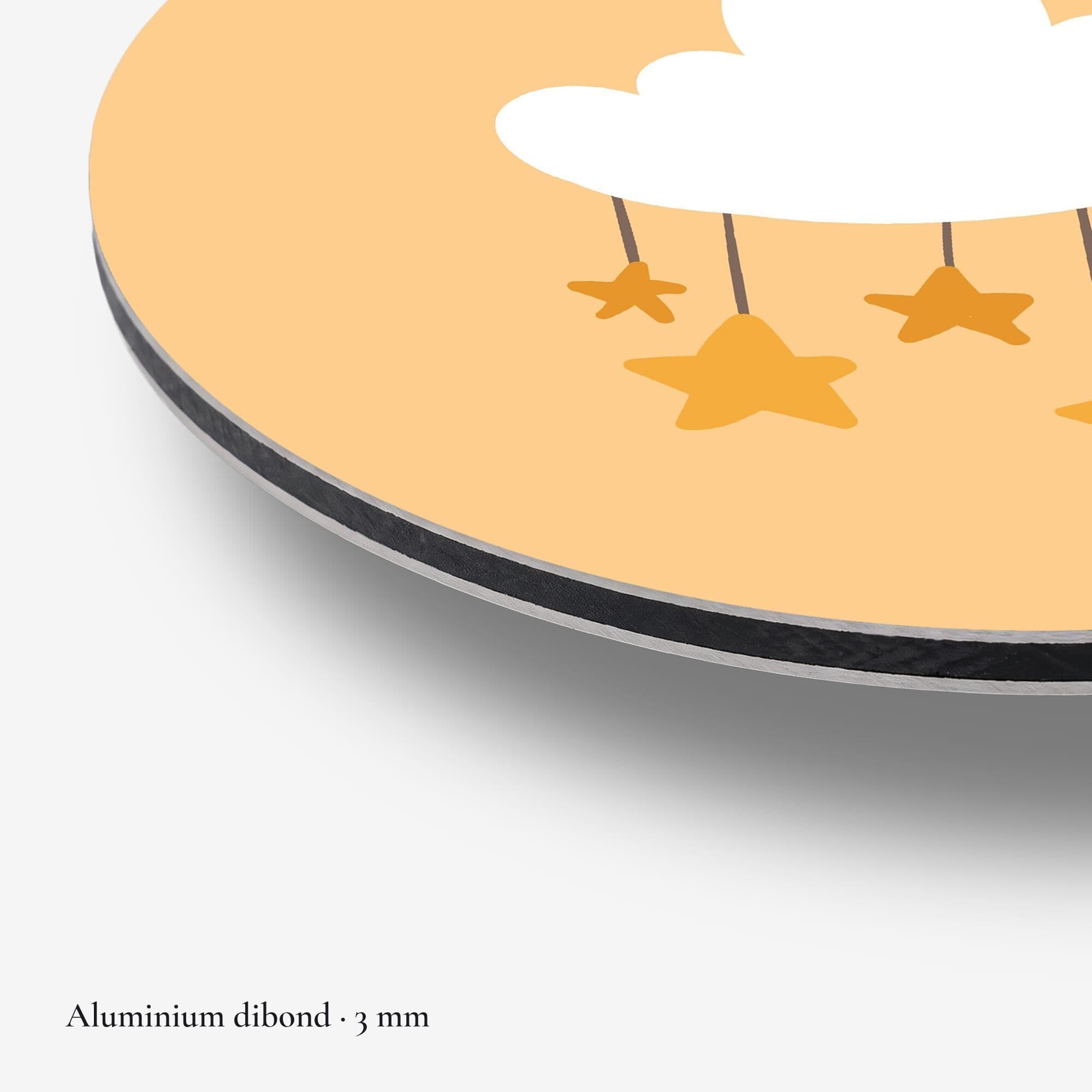 Sterrenwolk Amber Muurcirkel, detail rand dibond