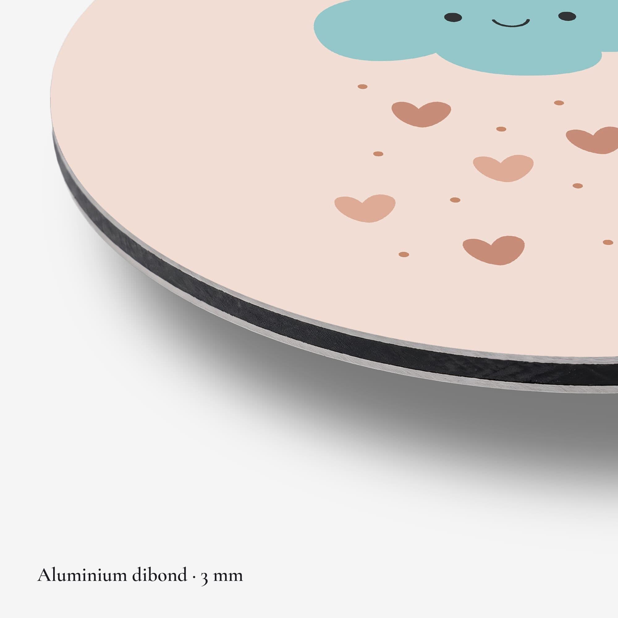 Cloud Heart Rain Muurcirkel, detail rand dibond